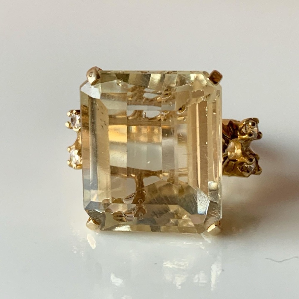 VINTAGE 14K YELLOW GLD HUGE EMERALD STEP CUT LEMON CITRINE QUARTZ RING STATEMENT - Picture 3 of 16